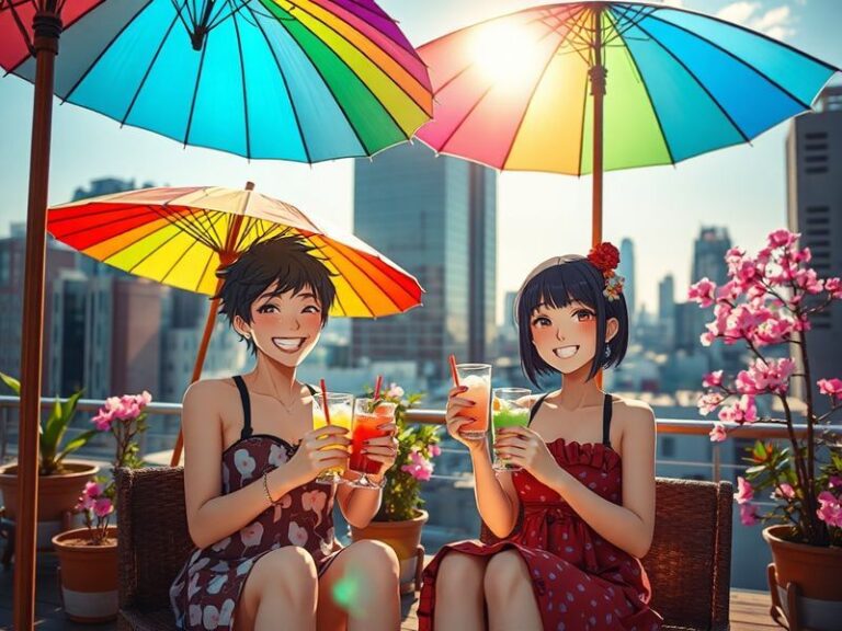 A bright, colorful scene from Tomodachi Life showing a group of Miis gathered on a tropical island, dancing and socializing u