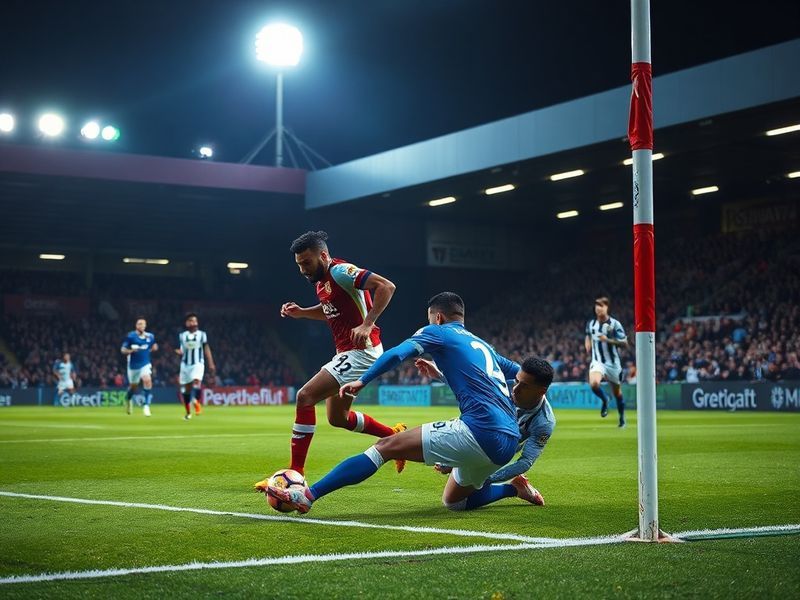 A wide-angle shot of Craven Cottage packed with Fulham fans, Brentford players celebrating a goal in the background, under br