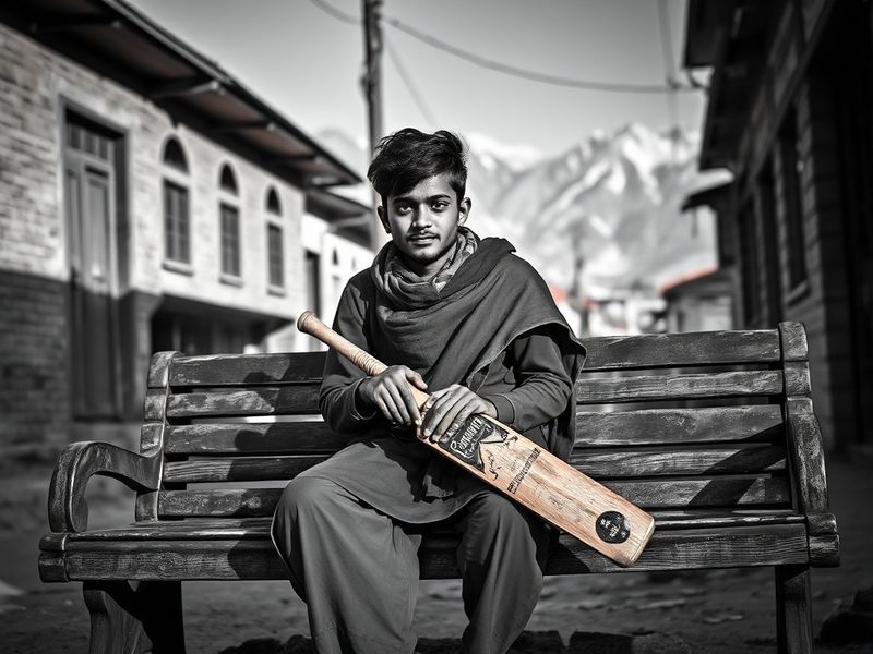 A dynamic action shot of Auqib Nabi bowling in the IPL, wearing Royal Challengers Bangalore colors, with a focused expression