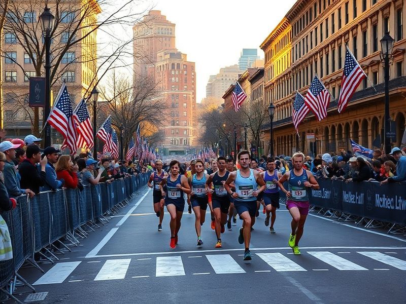 A vibrant scene of runners approaching Heartbreak Hill on a sunny spring day, with spectators cheering from the sidelines and