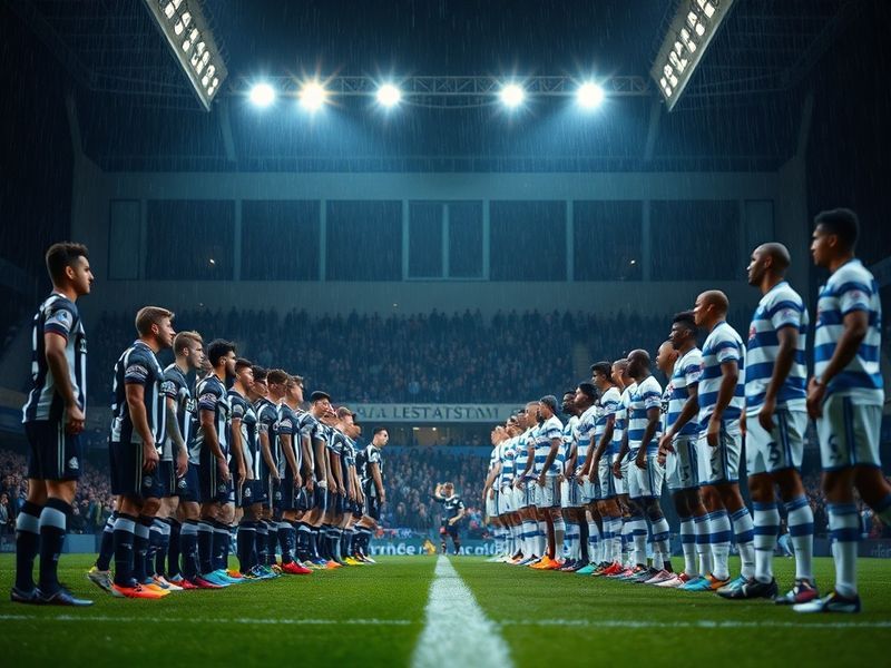 A packed stadium atmosphere at The Den or Loftus Road, with fans in Millwall's blue-and-white and QPR's blue-and-white hoops,