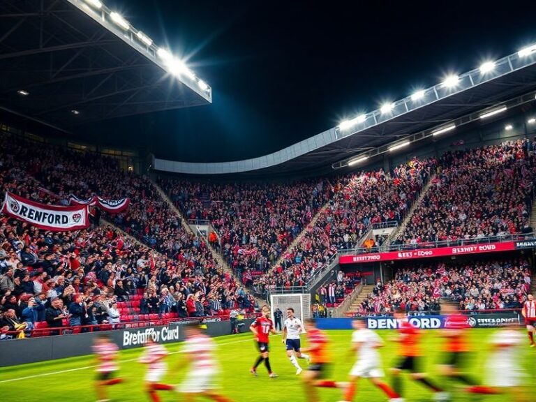A wide-angle shot of the Gtech Community Stadium during a Brentford vs Fulham match, showing packed stands, players in red an