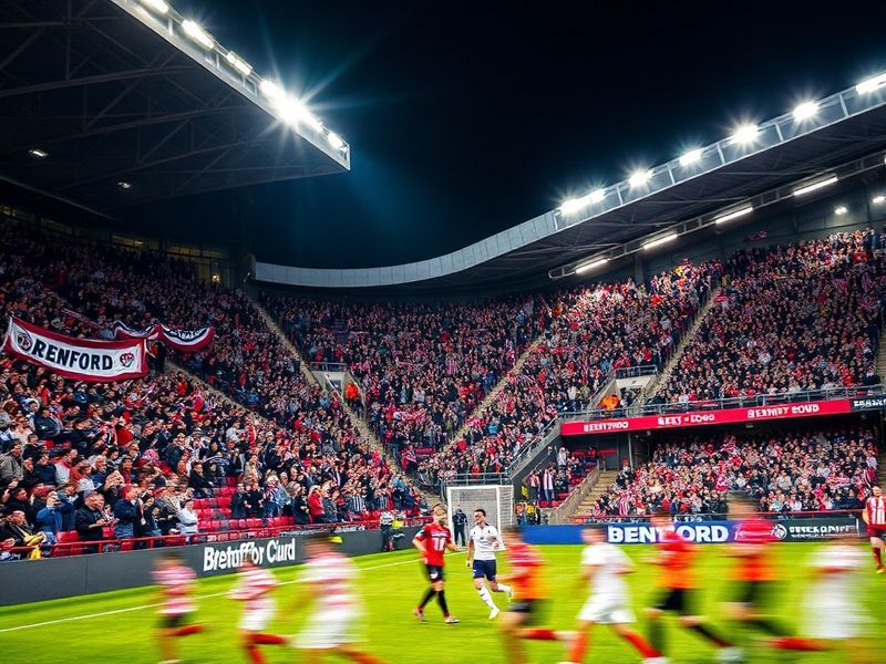 A wide-angle shot of the Gtech Community Stadium during a Brentford vs Fulham match, showing packed stands, players in red an