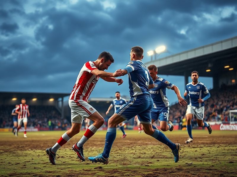 A wide-angle shot of Swindon Town vs Accrington Stanley at the County Ground, showing players in action, fans in the stands,