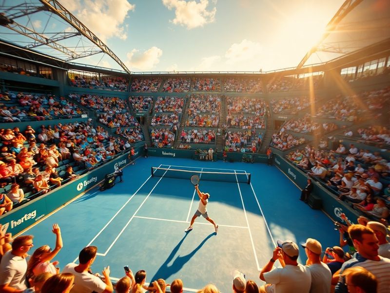 A vibrant clay tennis court in Munich with players mid-match, surrounded by cheering fans under clear skies. The backdrop fea