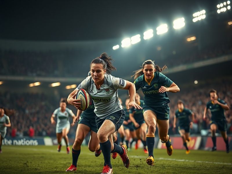 A dynamic action shot of a Women's Six Nations match, featuring players in mid-play on a lush green pitch under stadium light