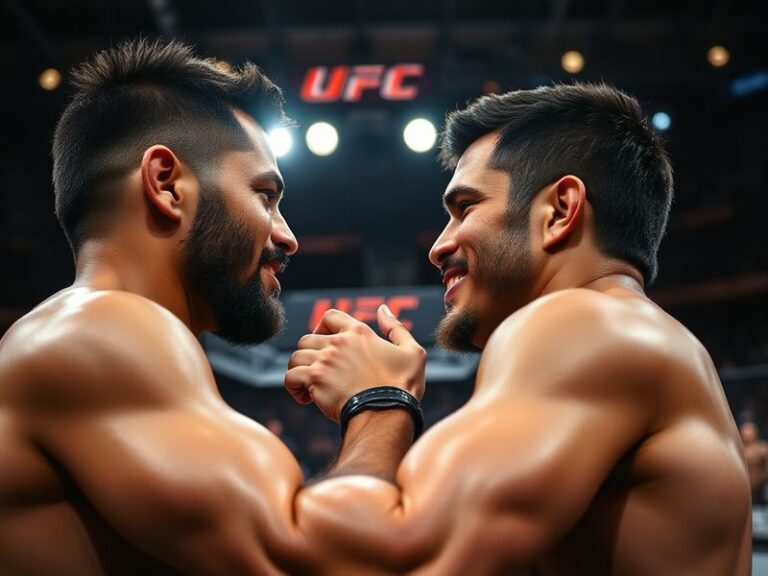 A tense moment in the octagon as Merab Dvalishvili lands a counter strike on Henry Cejudo, with referee and crowd in blurred