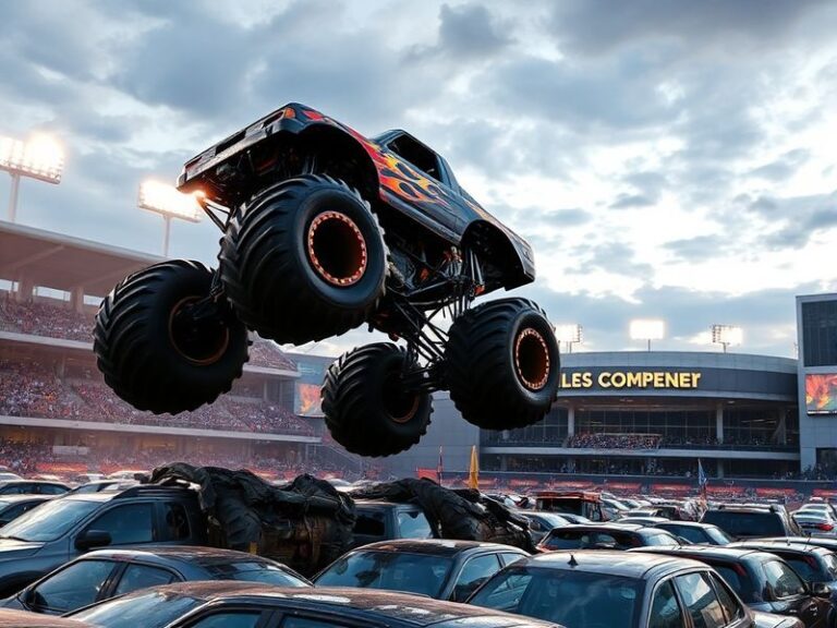 A high-energy shot of a monster truck mid-air at the Wells Fargo Center, with smoke billowing from its tires and the Philadel