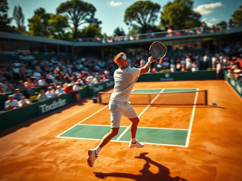 A vibrant aerial view of the MTTC Iphitos tennis club in Munich during the BMW Open by FWU, showing packed stands, green gras