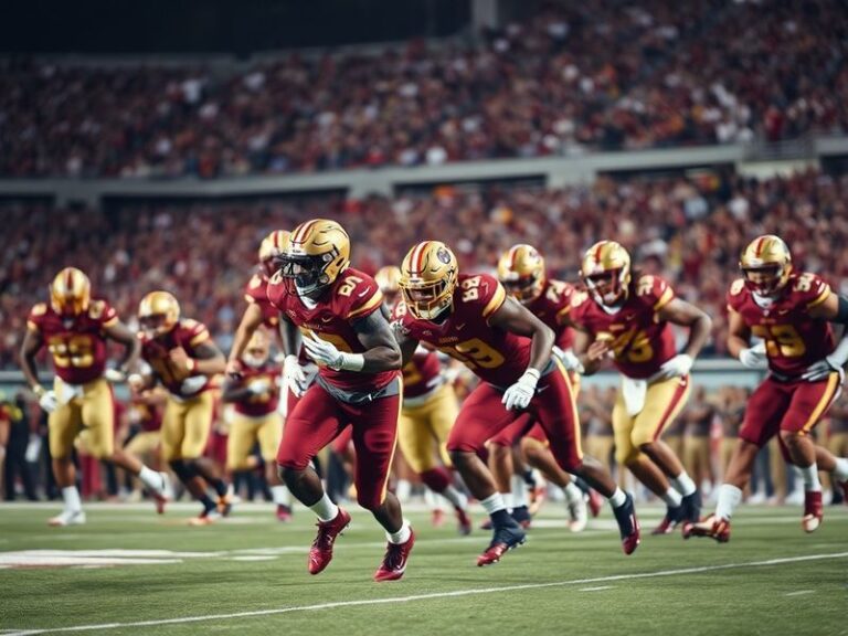 A dynamic scene at FedExField during a Washington Commanders game, showing fans in burgundy and gold jerseys, a clear autumn