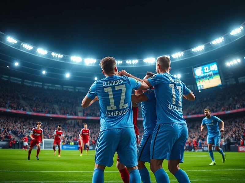 A dynamic mid-match image showing Bayer Leverkusen players in white and red pressing Augsburg players in black and white stri
