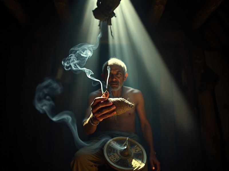 A lush jungle setting in Gabon with a practitioner harvesting Tabernanthe iboga roots, surrounded by traditional Bwiti artifa