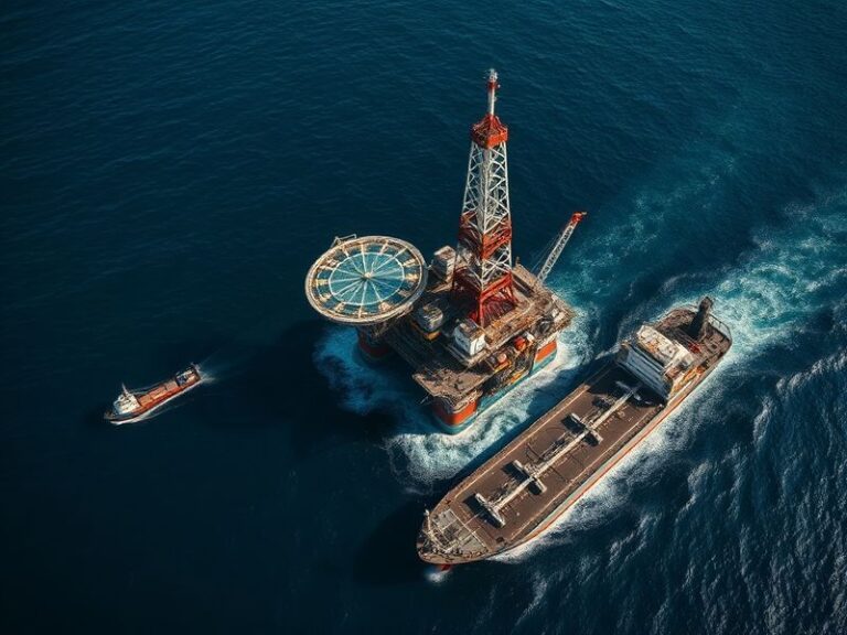 A split-image composition showing a modern oil refinery silhouetted against a sunset on one side, and a wind turbine field on