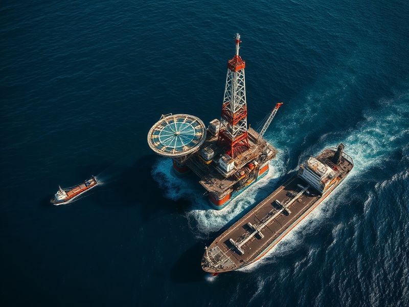 A split-image composition showing a modern oil refinery silhouetted against a sunset on one side, and a wind turbine field on