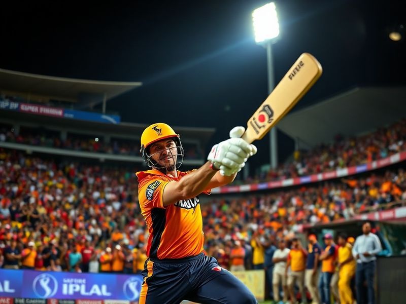 A vibrant cricket stadium packed with fans, showcasing the iconic yellow of CSK and the orange of SRH. The atmosphere is elec