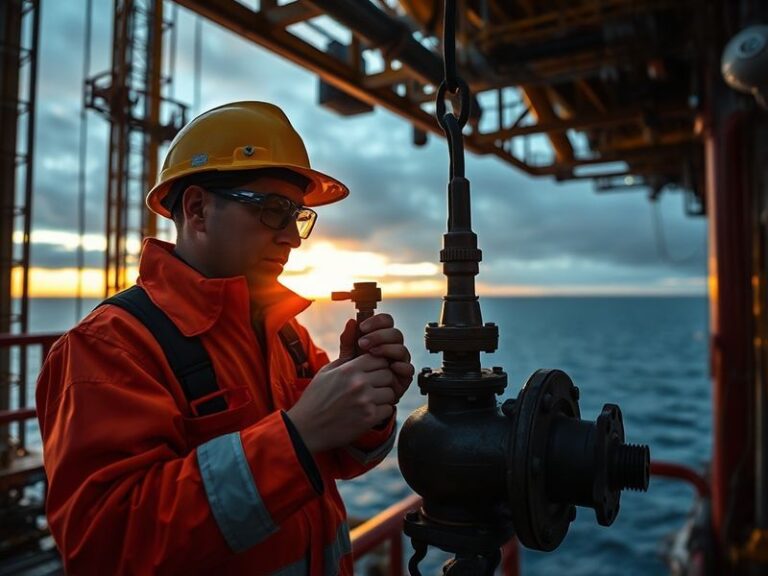 A split-image composition showing an offshore oil rig in the foreground against a backdrop of a renewable energy wind farm, s