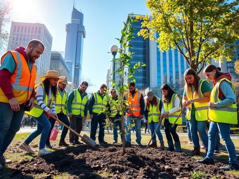 A diverse group of volunteers in bright yellow and blue shirts cleaning a shoreline, with waves gently lapping against the sa