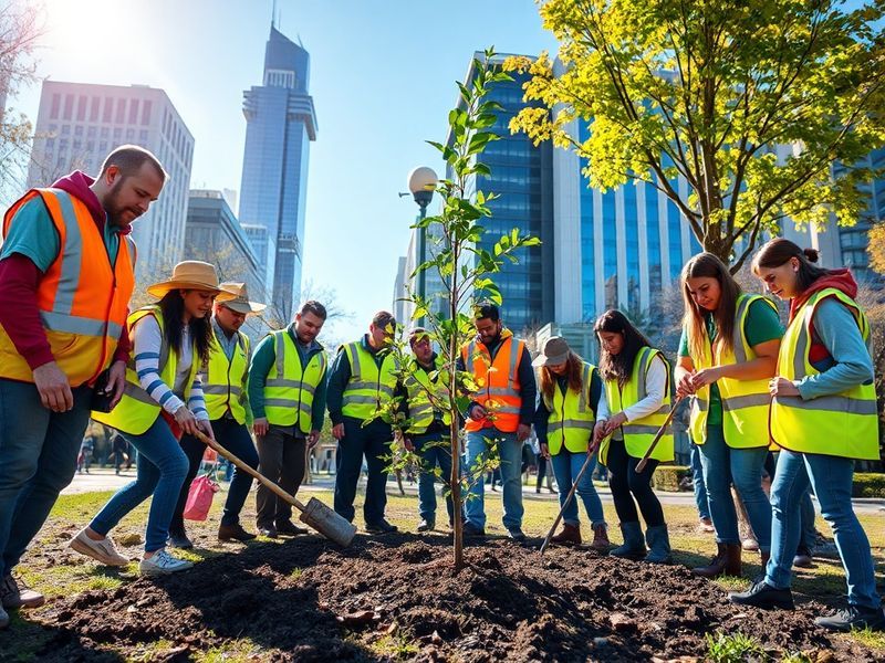 A diverse group of volunteers in bright yellow and blue shirts cleaning a shoreline, with waves gently lapping against the sa