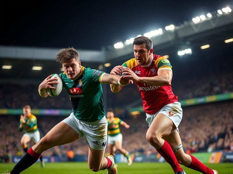 A dynamic action shot of a scrum between Exeter and Northampton players, captured mid-play with Exeter in red and Northampton