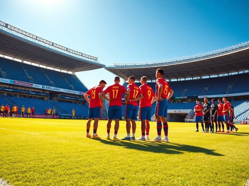 A mid-match shot from a Spain vs Ukraine game at a packed stadium, with Spanish and Ukrainian flags visible in the crowd, pla