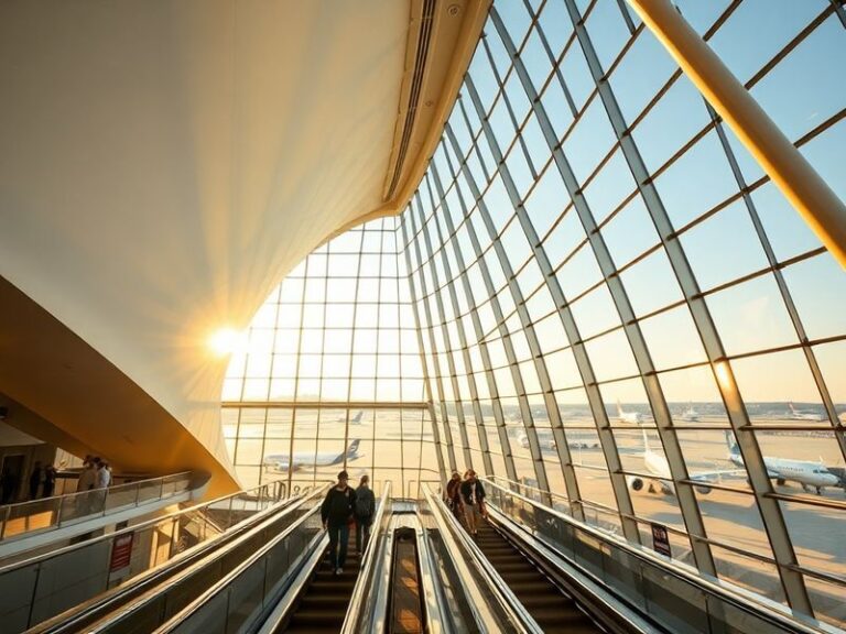 Aerial view of Dulles International Airport at sunset, showcasing its iconic terminal building, mobile lounges, and expansive