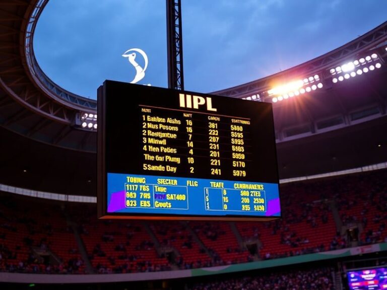 A vibrant cricket stadium packed with cheering fans, displaying a large digital scoreboard showing the IPL 2024 standings wit