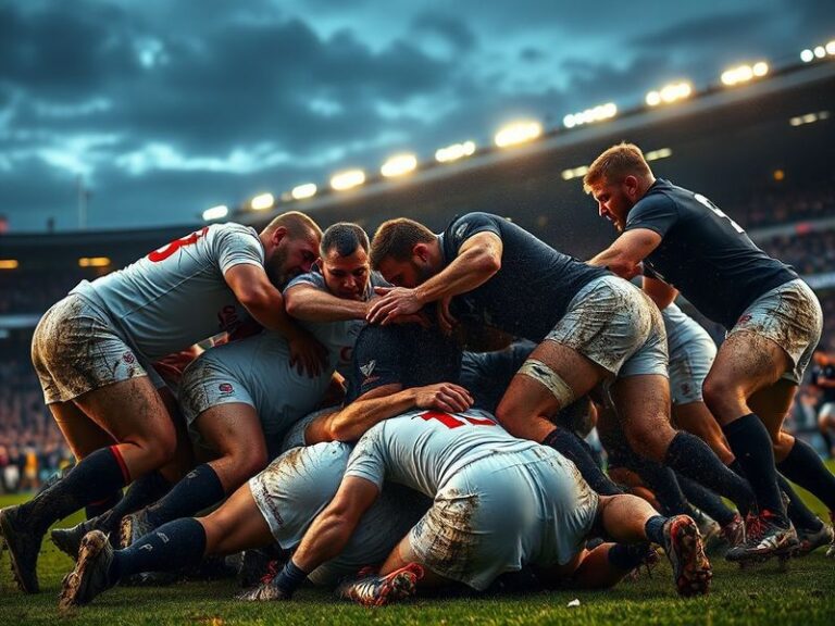 A dynamic scene of a rugby match broadcast on a large screen with a commentator in the foreground, surrounded by diverse fans