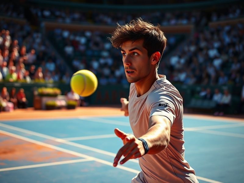 A dynamic action shot of Arthur Fils mid-forehand swing on a hard court, showcasing his athletic form and intense focus. He i