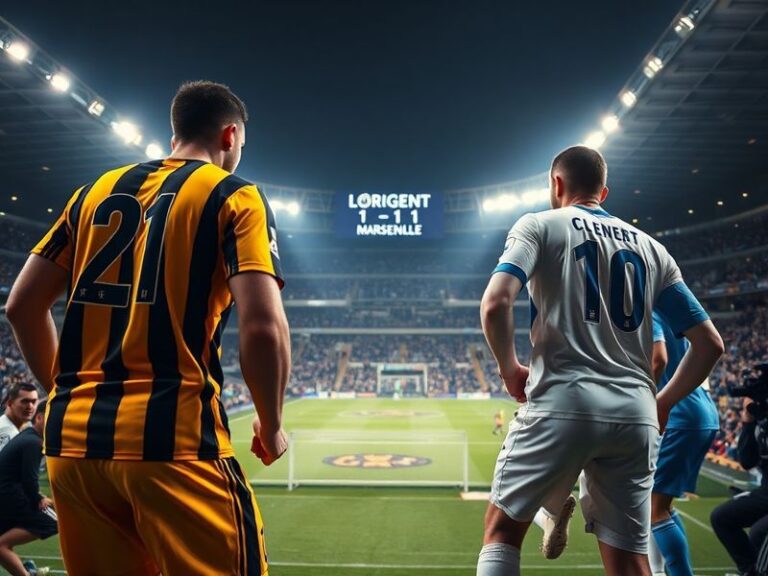 A wide-angle shot of the Stade du Moustoir during a Lorient home game, showing the packed stands and players in mid-action un