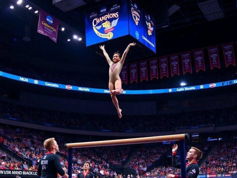 A high-energy action shot of NCAA gymnasts competing on the floor exercise at Dickies Arena, Fort Worth, with a packed audien