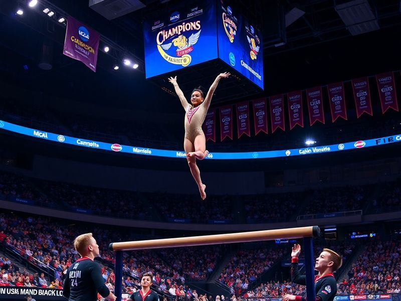 A high-energy action shot of NCAA gymnasts competing on the floor exercise at Dickies Arena, Fort Worth, with a packed audien