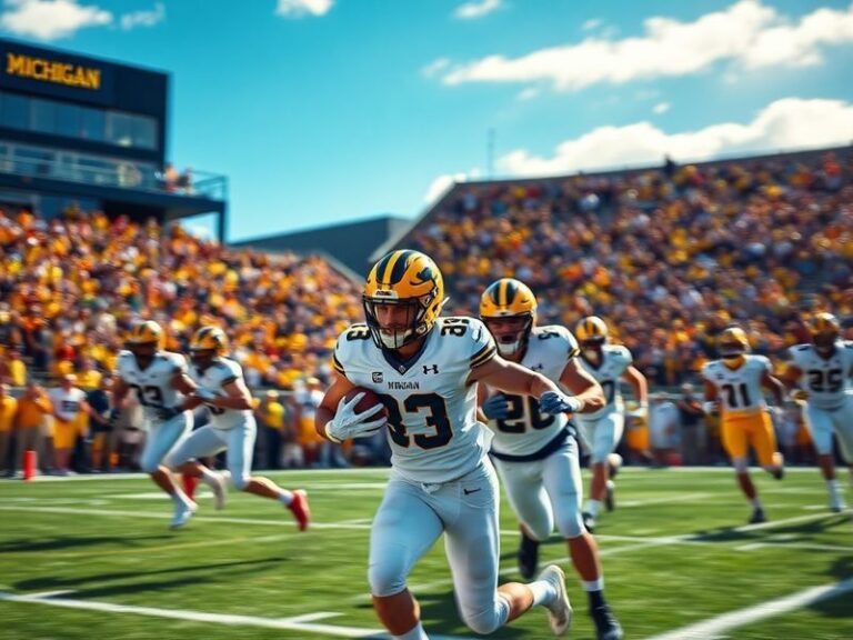 A wide shot of Michigan Stadium during the spring game, showing fans in maize and blue, players on the field, and a cloudy sk