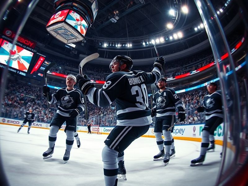 A high-energy NHL game in progress, featuring players in action on the ice, bright arena lights, and a sold-out crowd in the