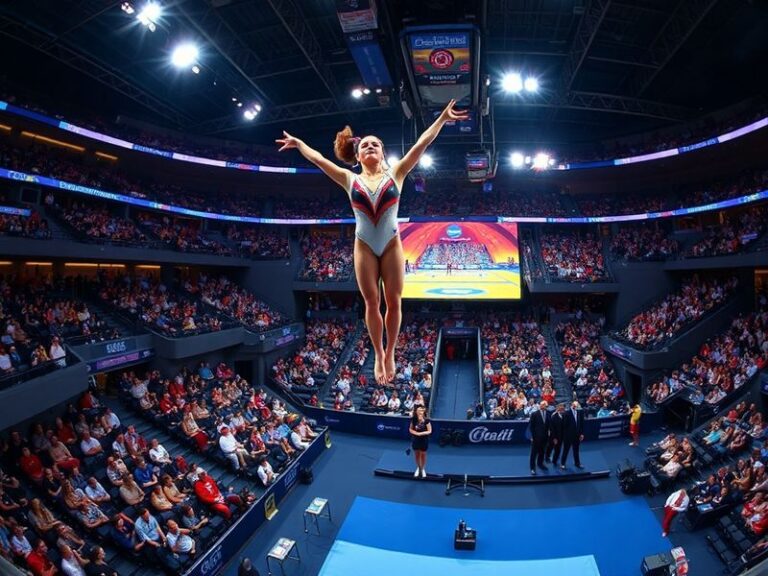 A dynamic collage of NCAA gymnasts in mid-routine during a championship event, with vibrant team uniforms, a packed arena, an