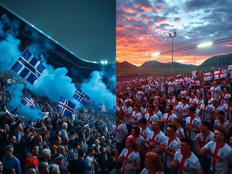 A split-screen image: On the left, Icelandic fans in blue and white scarves applauding in a stadium; on the right, England pl