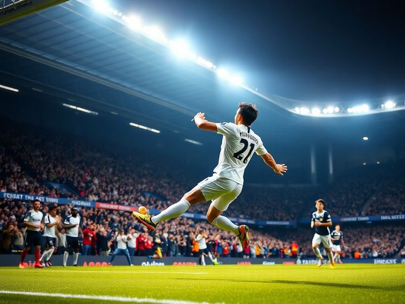 A dynamic shot of Tottenham players celebrating a goal against Brighton at a packed stadium, with the away fans visible in th