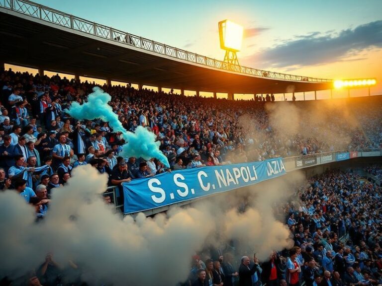 A dynamic shot of Napoli's Victor Osimhen battling Lazio's Danilo Cataldi in a Serie A match, with the San Paolo stadium in t