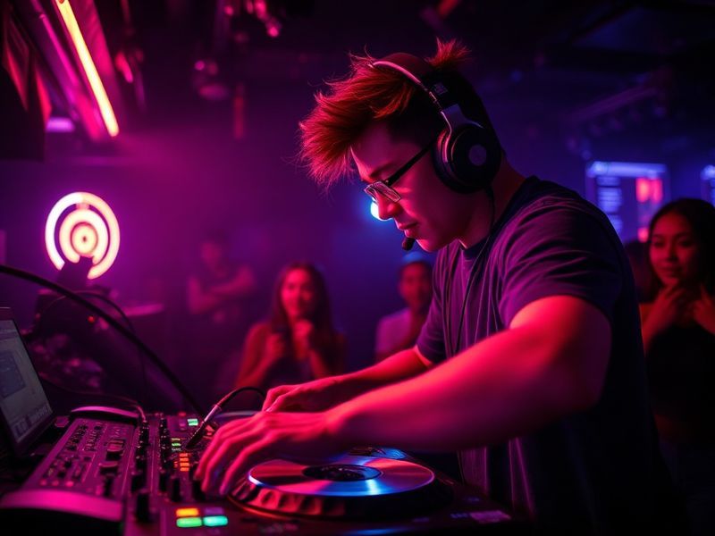 A high-energy live performance of DJ Wagner on stage, bathed in vibrant stage lights with a crowd of enthusiastic fans in the