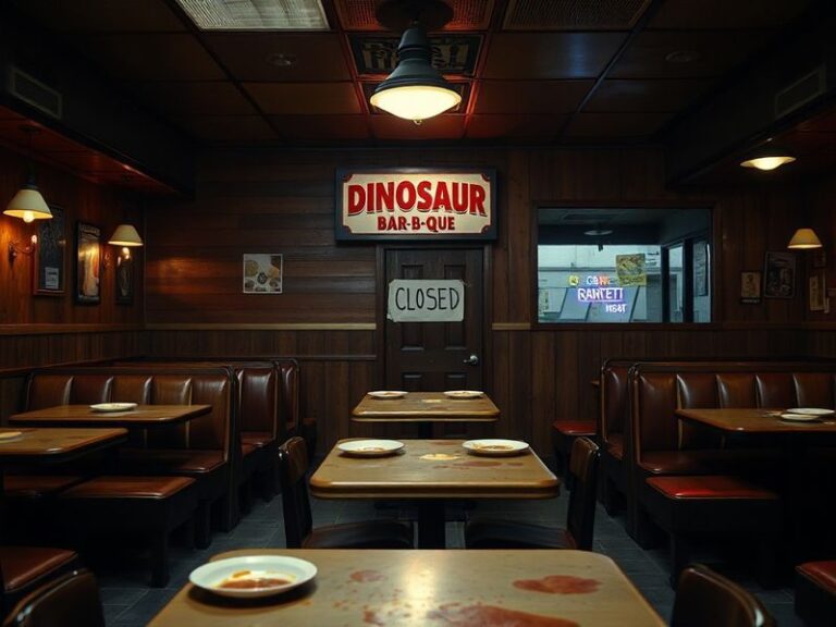 A nostalgic shot of Dinosaur Bar-B-Que’s exterior at dusk, featuring its iconic dinosaur mascot sign, warm lighting, and a li