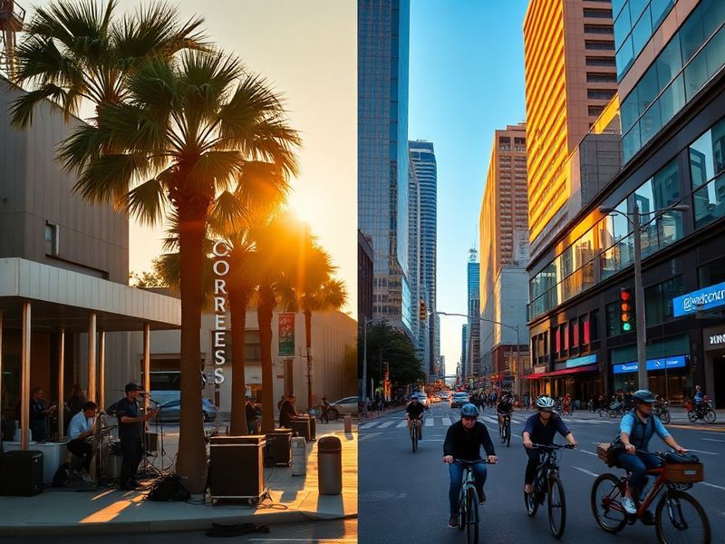 A split-image view: on one side, a vibrant Austin skyline with the Texas State Capitol building under a bright sun, street mu