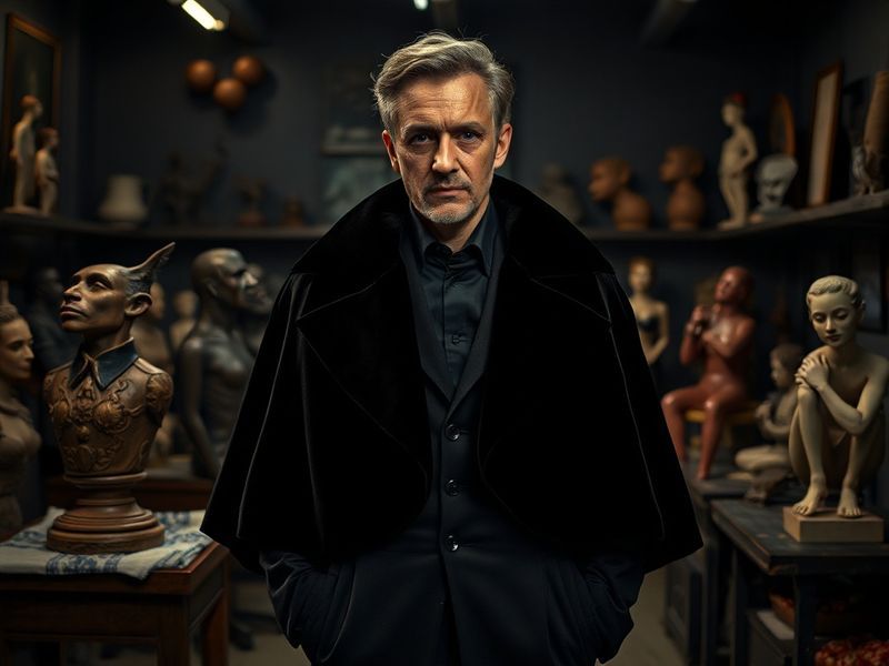 A high-fashion editorial shot of a model wearing a Daniel Roseberry-designed Sébastian outfit, featuring sculptural silhouett