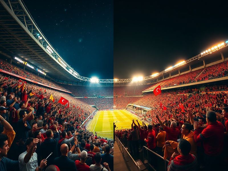 A vibrant stadium scene showing Gençlerbirliği and Galatasaray players in action, with fans waving flags and banners in the b