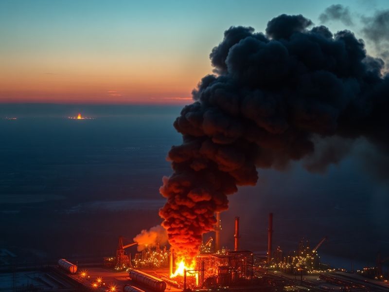 Aerial view of a burning Russian oil refinery at dusk, with thick black smoke billowing into the sky. In the foreground, Ukra