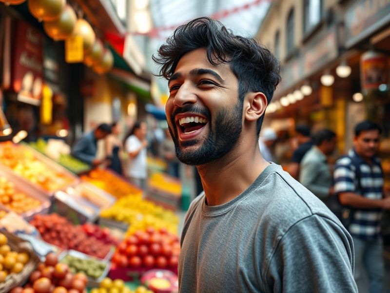 A vibrant stage photo of Guz Khan performing live, wearing a casual blazer over a T-shirt, with colorful stage lights illumin