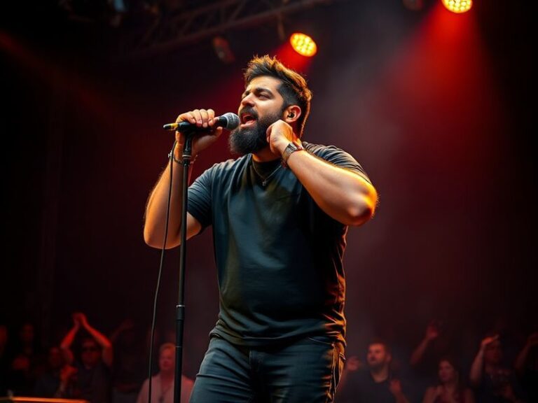 A vibrant concert hall filled with a diverse audience laughing during Guz Khan's performance. Khan stands on stage with a mic
