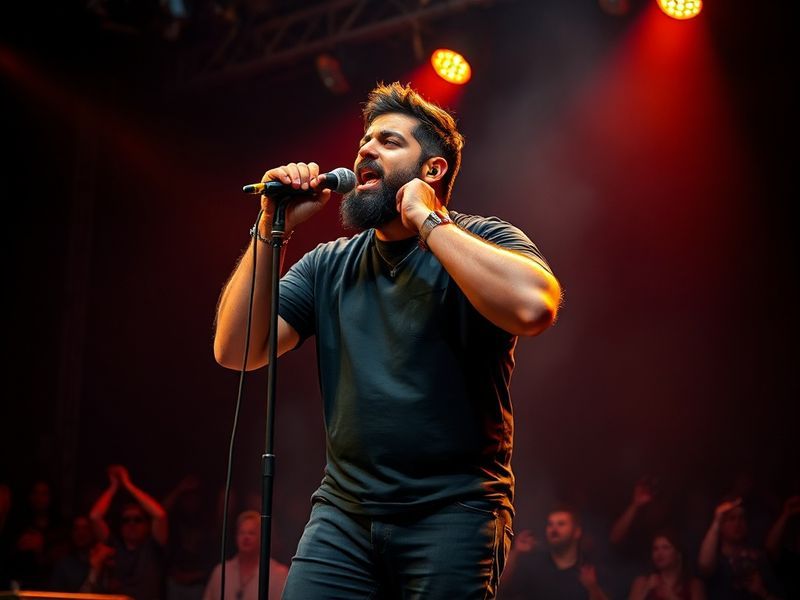 A vibrant concert hall filled with a diverse audience laughing during Guz Khan's performance. Khan stands on stage with a mic