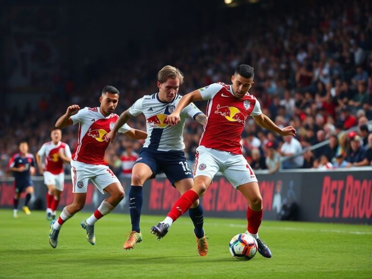 A dynamic soccer action shot featuring players from the New York Red Bulls in red and CF Montréal in blue mid-match at Red Bu