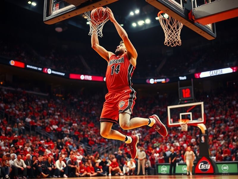 A dynamic action shot of Max Strus in a Miami Heat jersey, mid-jump shot from the three-point line, with the American Airline