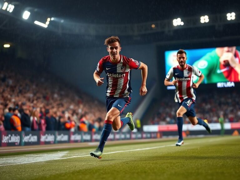 A vibrant scene at Atlético Madrid's Metropolitano stadium, with players in red and white stripes and blue kits in action dur