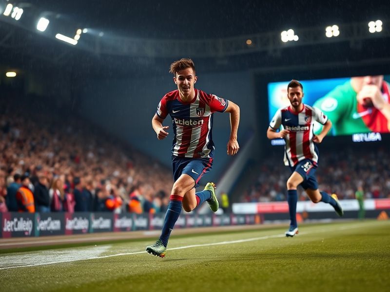 A vibrant scene at Atlético Madrid's Metropolitano stadium, with players in red and white stripes and blue kits in action dur
